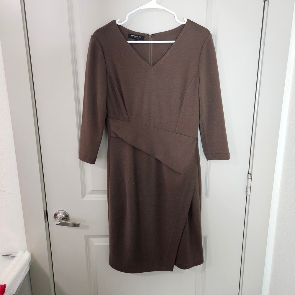 Lafayette 148 New York Brown 100% Virgin Wool V-Neck Sheath Dress Size 6